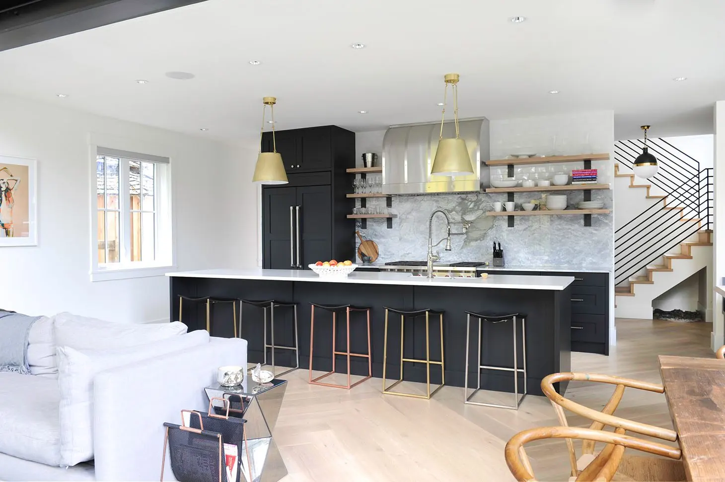 Patterned hardwood through kitchen and living