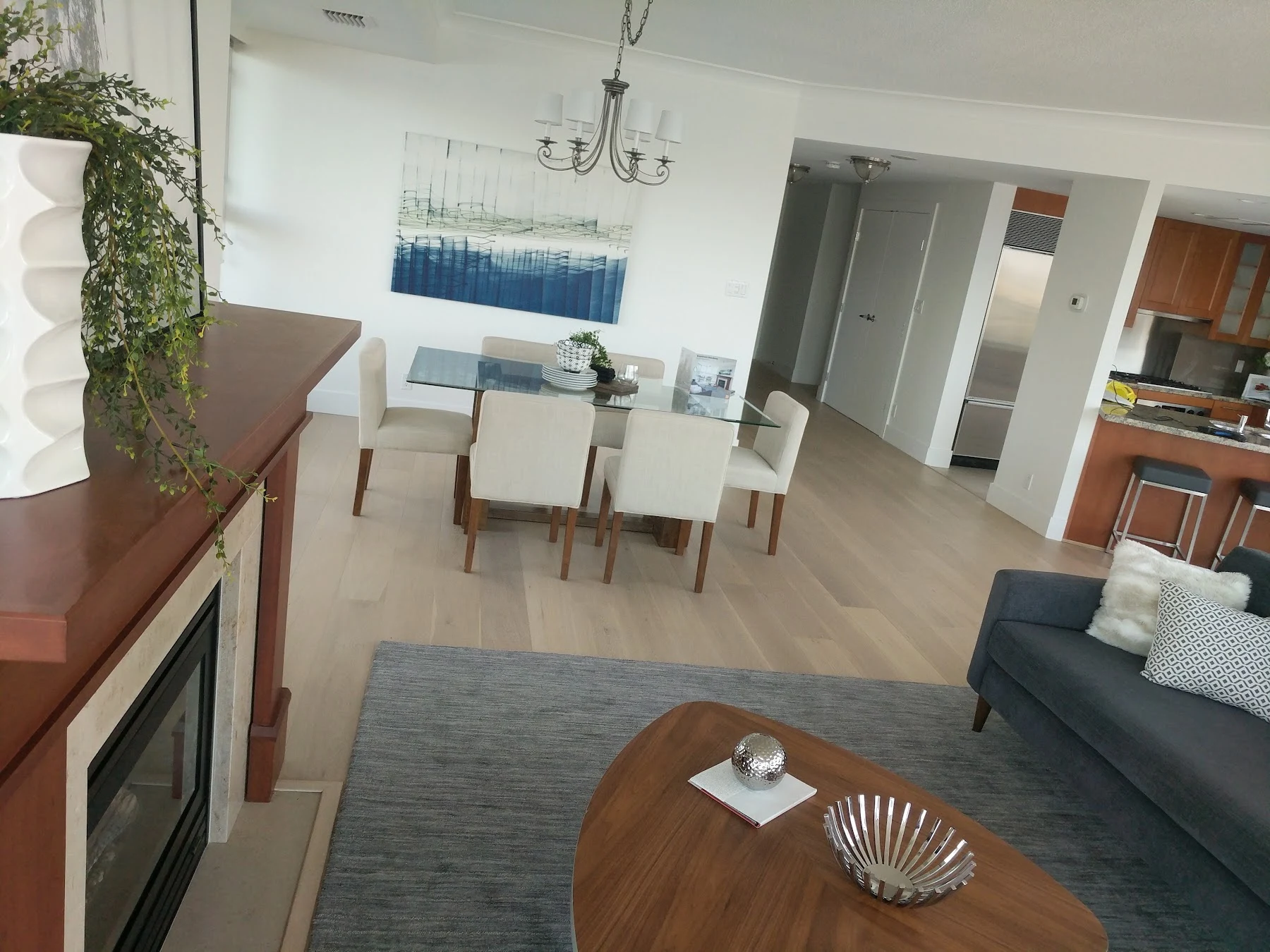 The dining room and adjoining penthouse living space.
